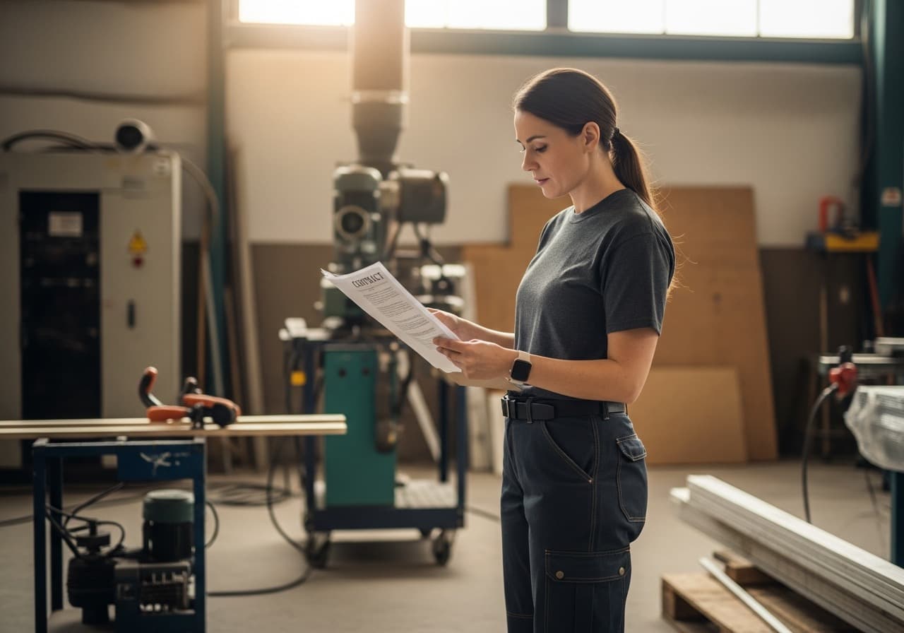 A woman veteran business owner reviewing a contract on the floor of her workshop, surrounded by equipment and work in progress